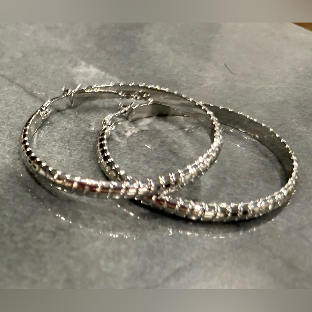 Textured Silver Hoop Earrings for Women - Shiny Ring Design